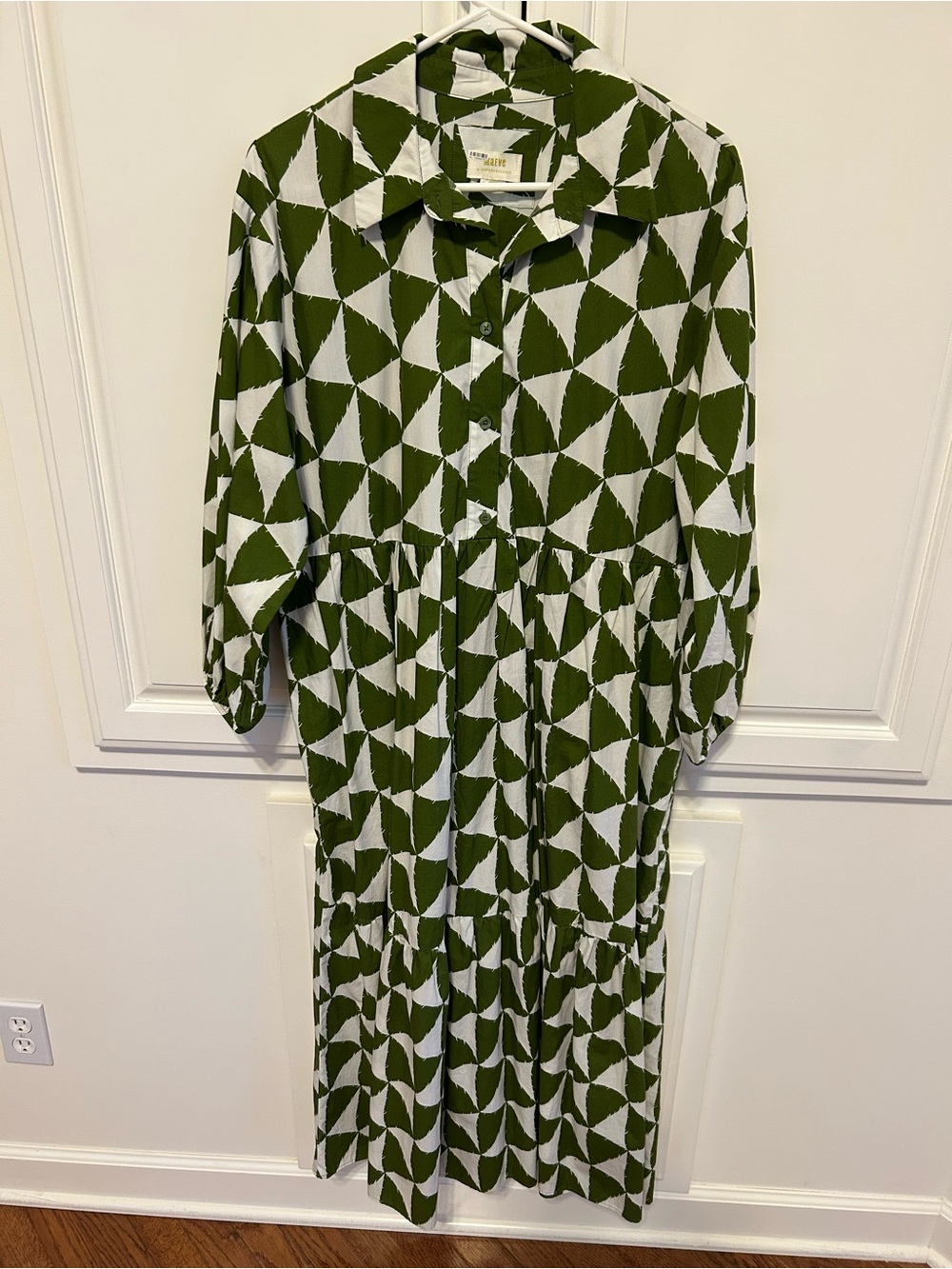 Anthropologie Maeve Bettina Green and White Geometric Midi Dress - Picture 2 of 2